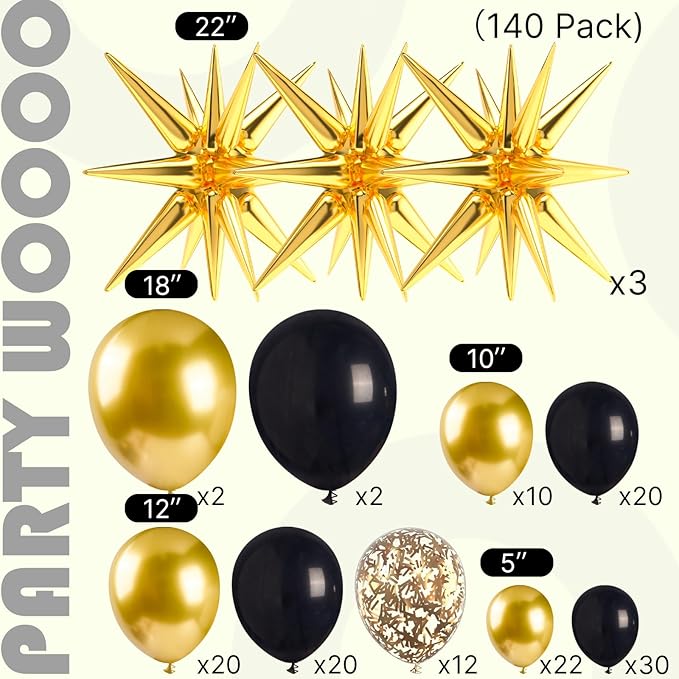 PartyWoo Black and Gold Balloon Arch Kit Garland 140pcs Different