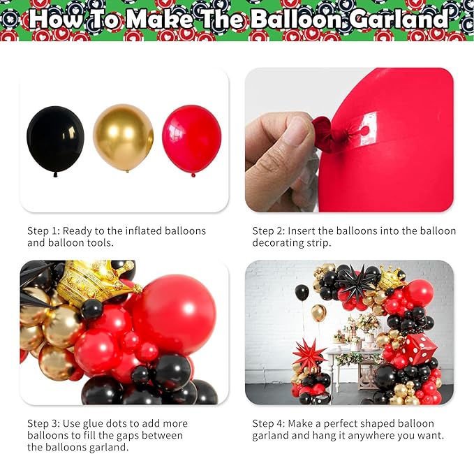 Casino Theme Balloon Arch Kit 104 Pcs Red Black and Gold Metallic