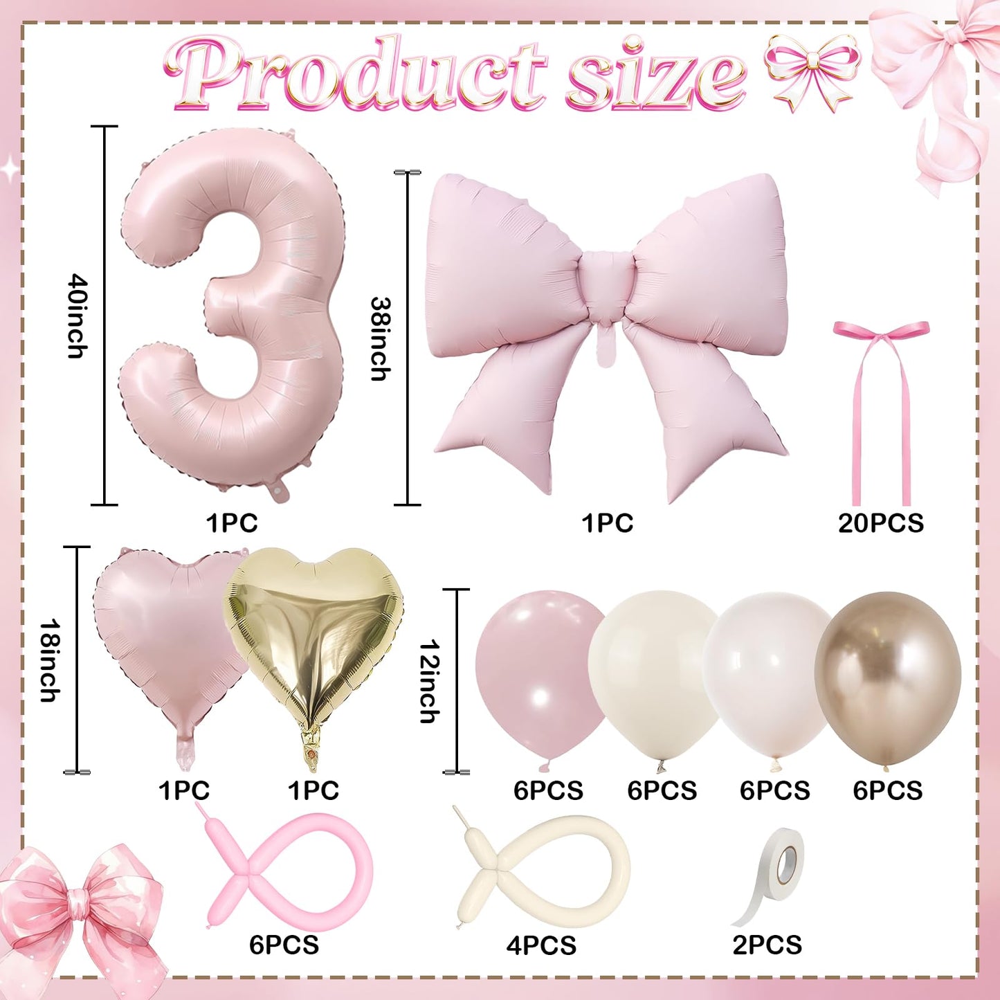 Baby Pink Number 3 Balloon, Dusty Light Pink Gold Cream Latex Balloons