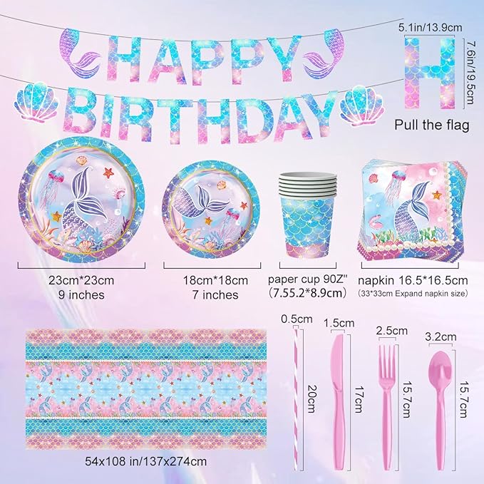 Mermaid Birthday Decorations Disposable Tableware Plates for Baby