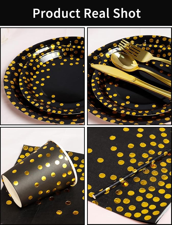 Nkaiso 141 Pieces Black Gold Party Supplies, Disposable Party