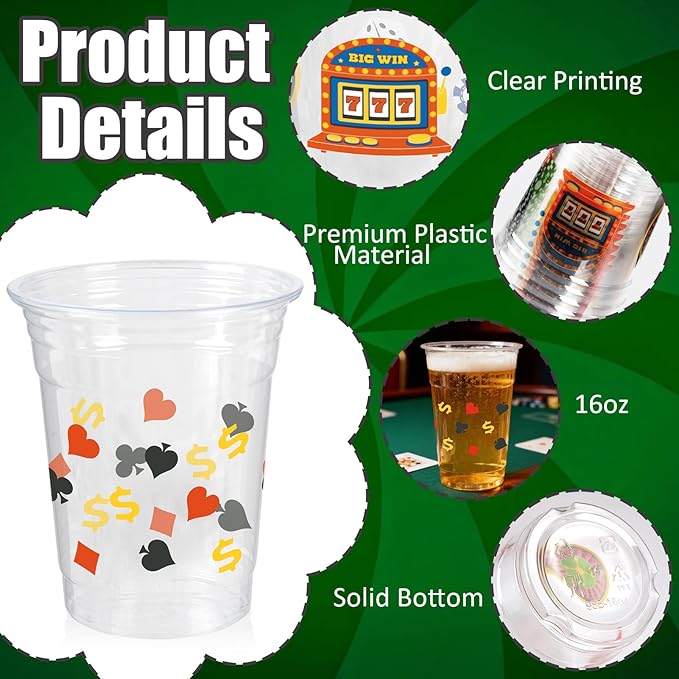100 Pcs Casino Party Cups 16 Oz Casino Plastic Cup Poker Clear