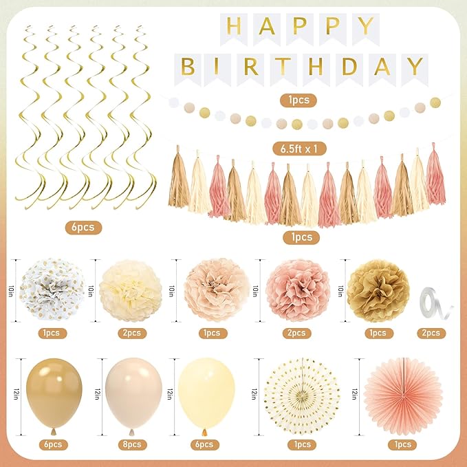 Champagne Gold Fall Boho Birthday Decorations for Women Girls Beige