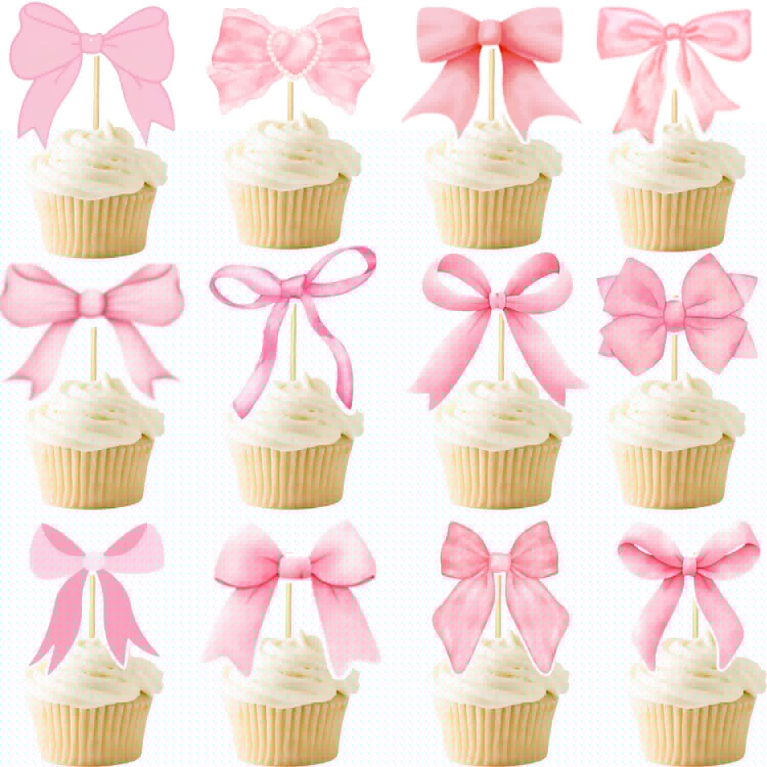 48PCS Coquette Bow Cupcake Toppers, Pink Bow Coquette Birthday Cake