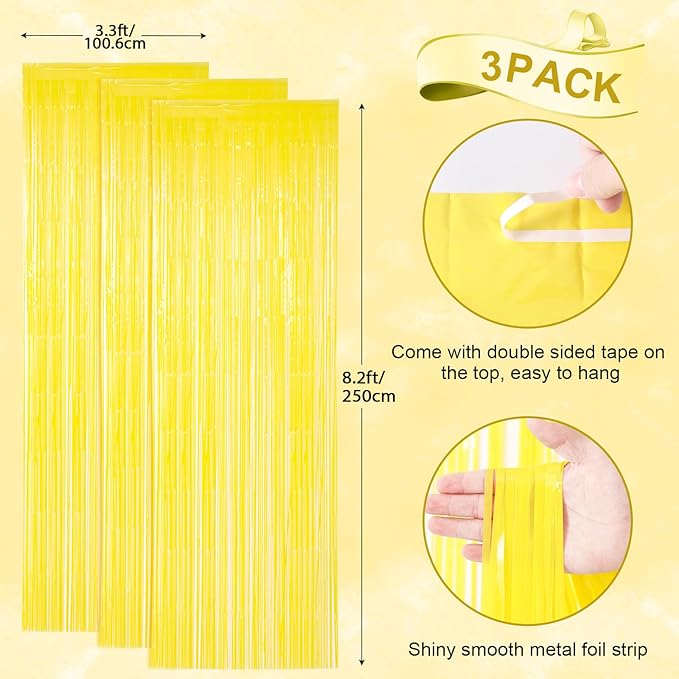 Voircoloria 3 Pack 3.3 x 8.2 ft Pastel Yellow Foil Fringe Backdrop