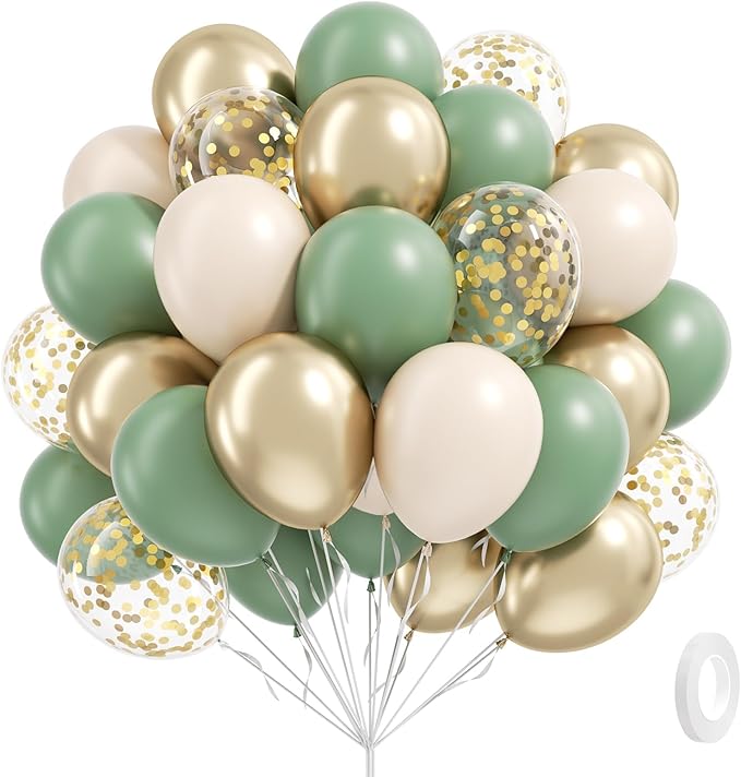 Sage green Balloons, 60pcs 12inch Sage green Sand White Metallic Gold