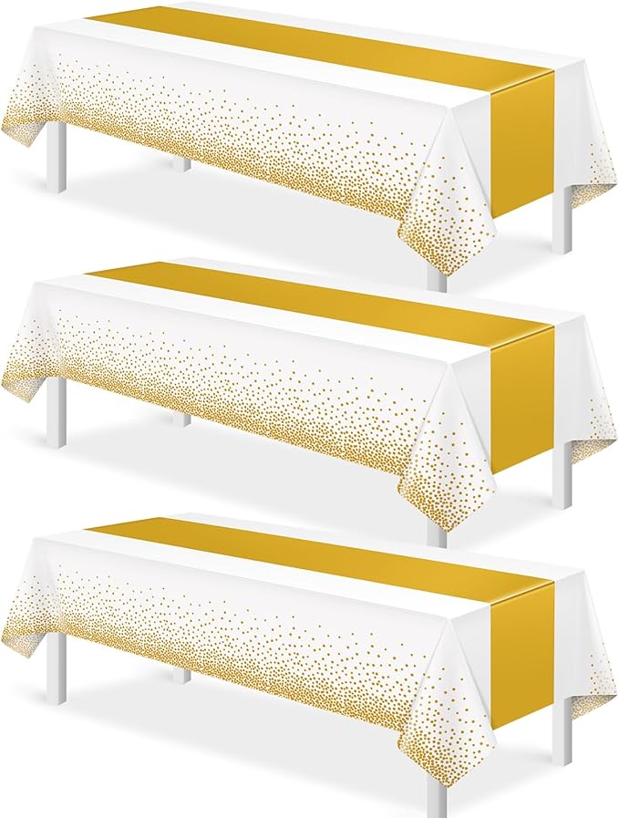 3Pcs White and Gold Tablecloth Party Decorations,Plastic White Table