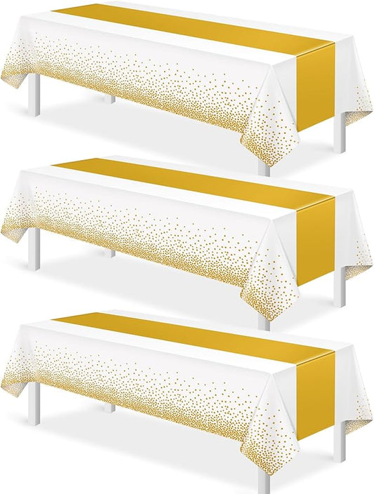 3Pcs White and Gold Tablecloth Party Decorations,Plastic White Table