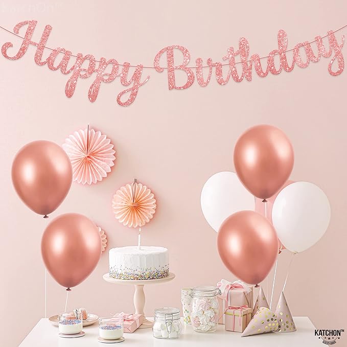 KatchOn Glitter Rose Gold Cursive Happy Birthday Banner - Pre-Strung