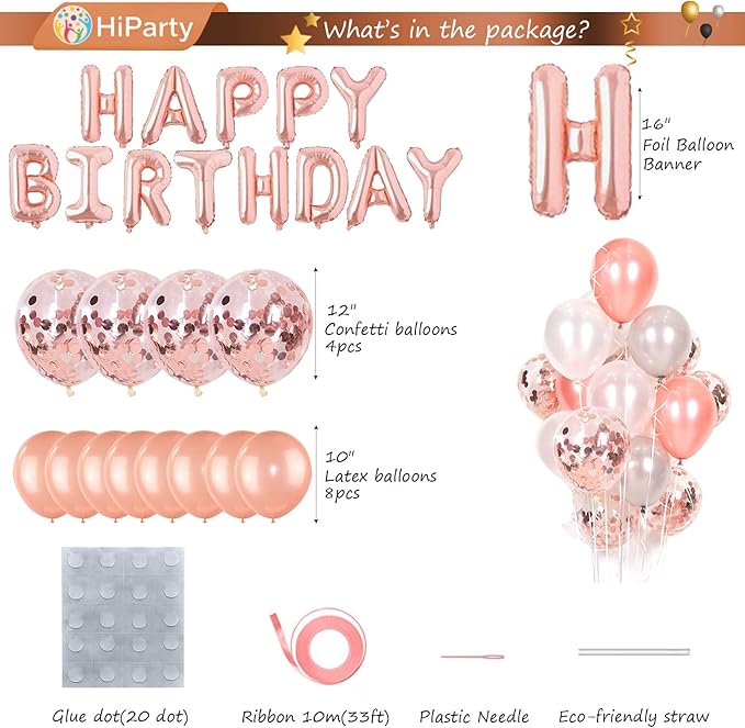 30pcs Pink Rose Gold Birthday Decorations 3D Mylar Foil Happy