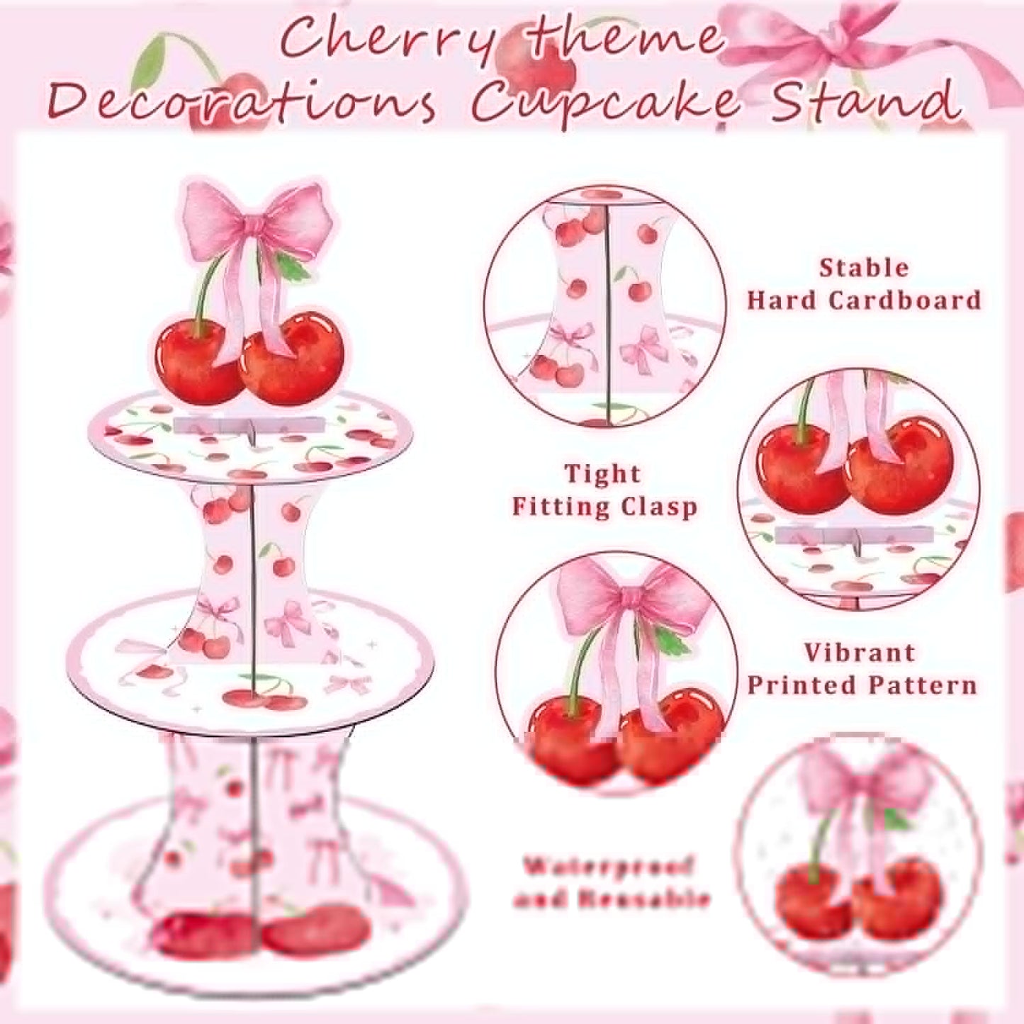 Cherry Bow Birthday Party Decorations - 3 Tier Pink Bow Cupcake Stand