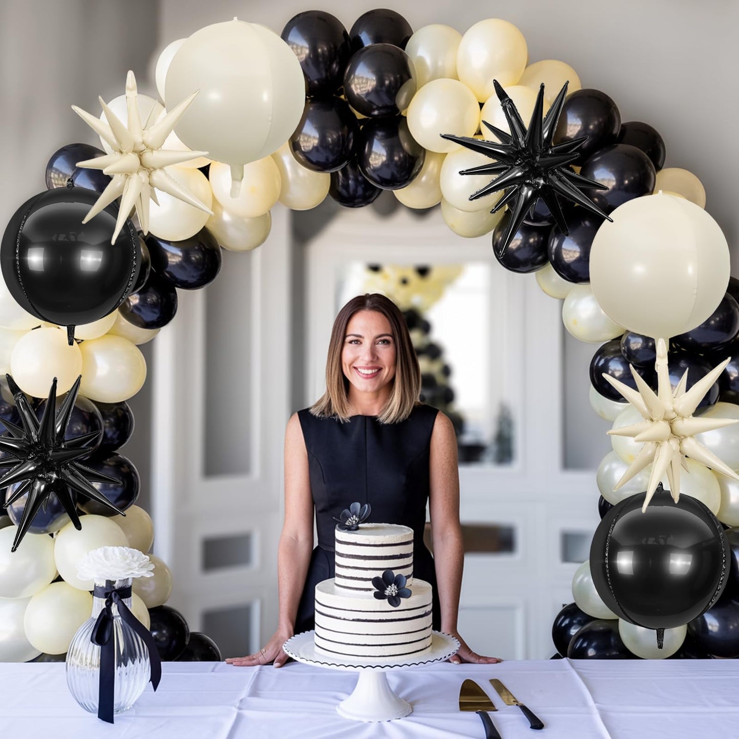 6Pcs Black White Foil Balloons,22Inch Sand White Black 4D Round Ball