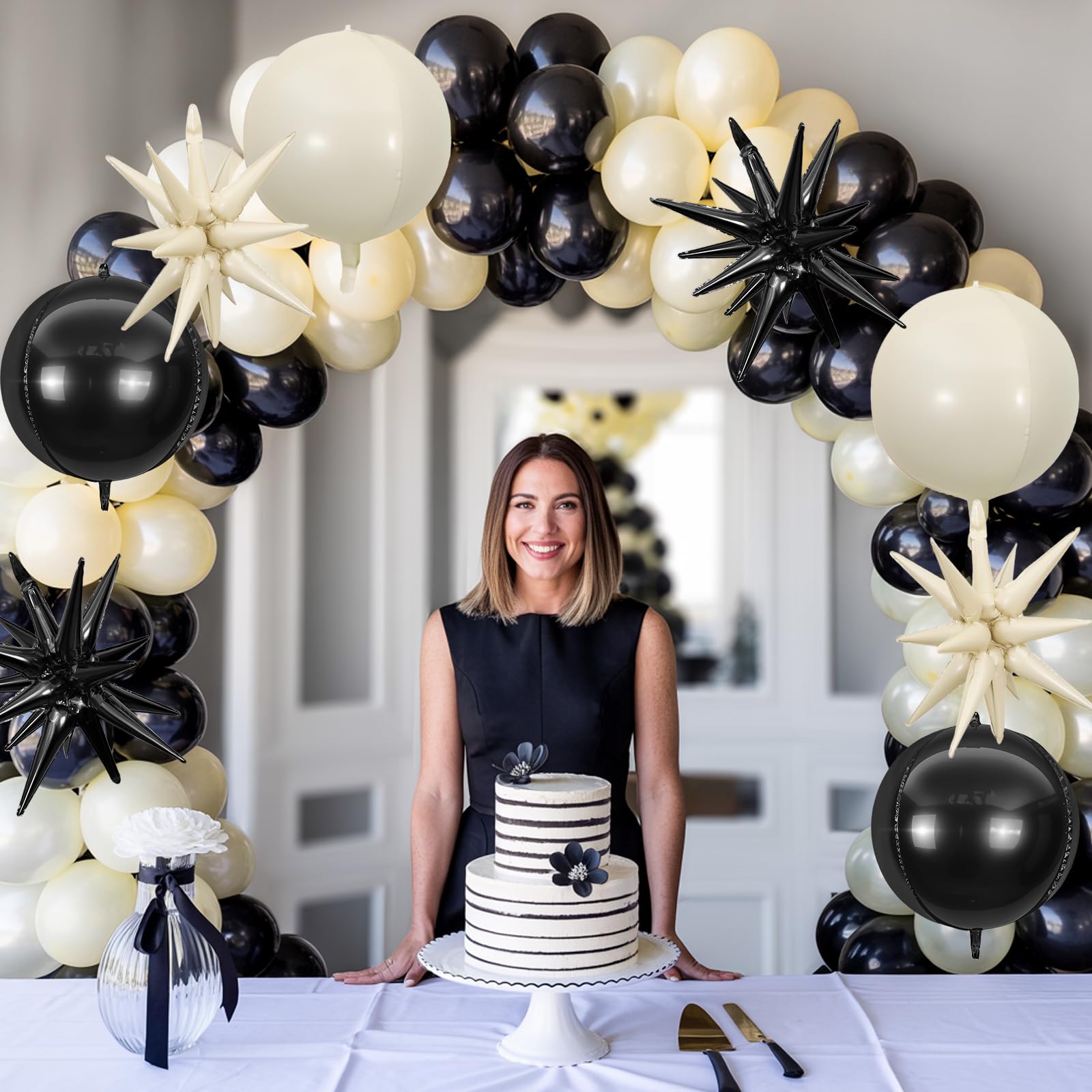 6Pcs Black White Foil Balloons,22Inch Sand White Black 4D Round Ball