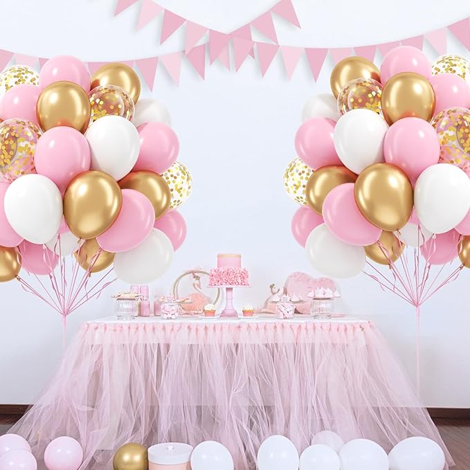 60pcs Pink and Gold Balloons 12inch, Pink and White Balloon with