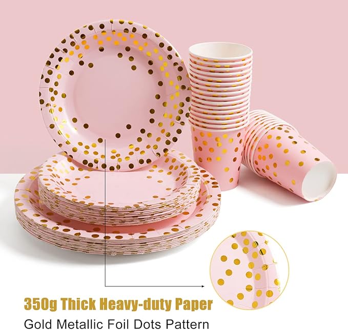 HOMIX Pink and Gold Party Supplies, Disposable 175Pcs Gold Dots on