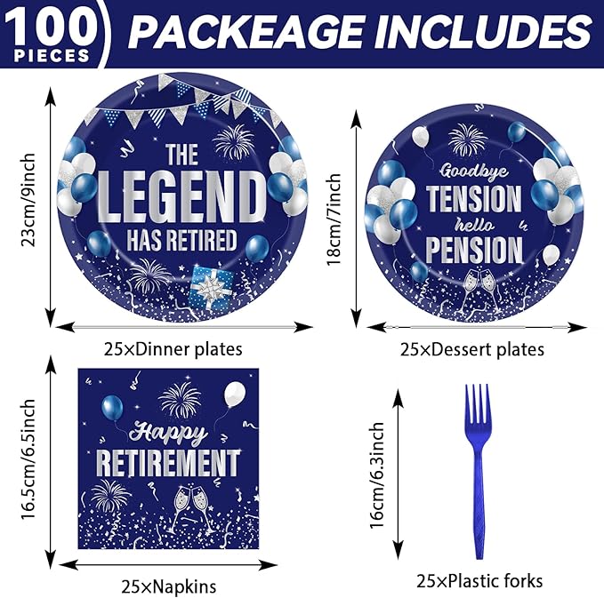 100PCS Retirement Party Supplies The Legend Has Retired Paper Plates
