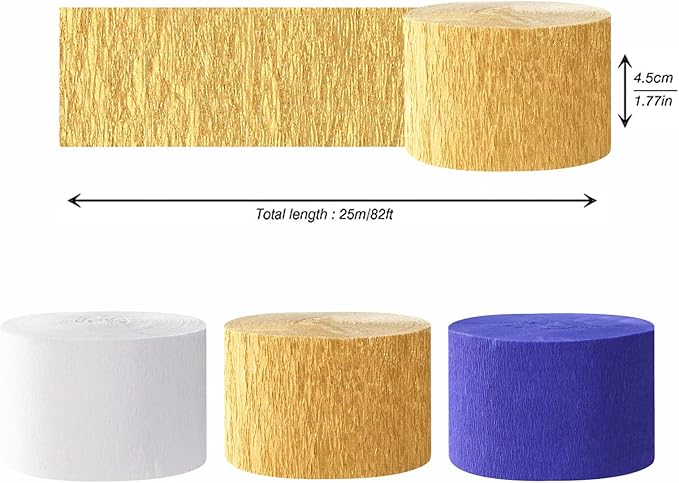Navy-Blue White-Gold Crepe Paper Streamers - 9 Rolls Royal Blue
