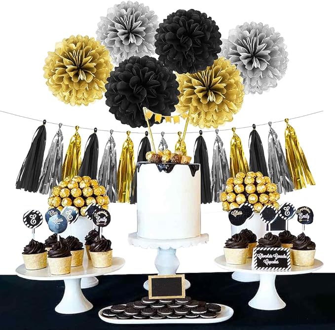 Silver Black Gold Party Decorations - 23pcs Tissue Paper Flowers Pom