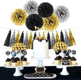 Silver Black Gold Party Decorations - 23pcs Tissue Paper Flowers Pom