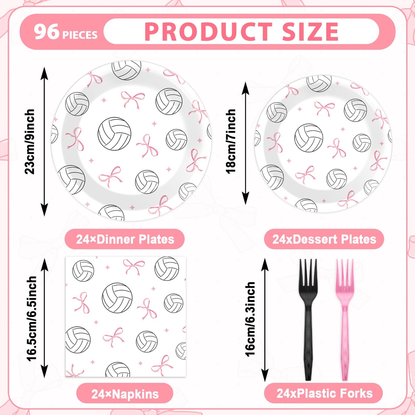 96PCS Volleyball and Bow Party Paper Plates and Napkins for Sports