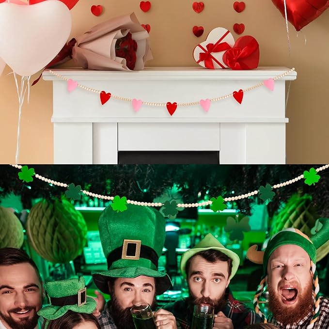2 Pcs Valentine's Day St Patrick's Day Wood Bead Garland Valentine's