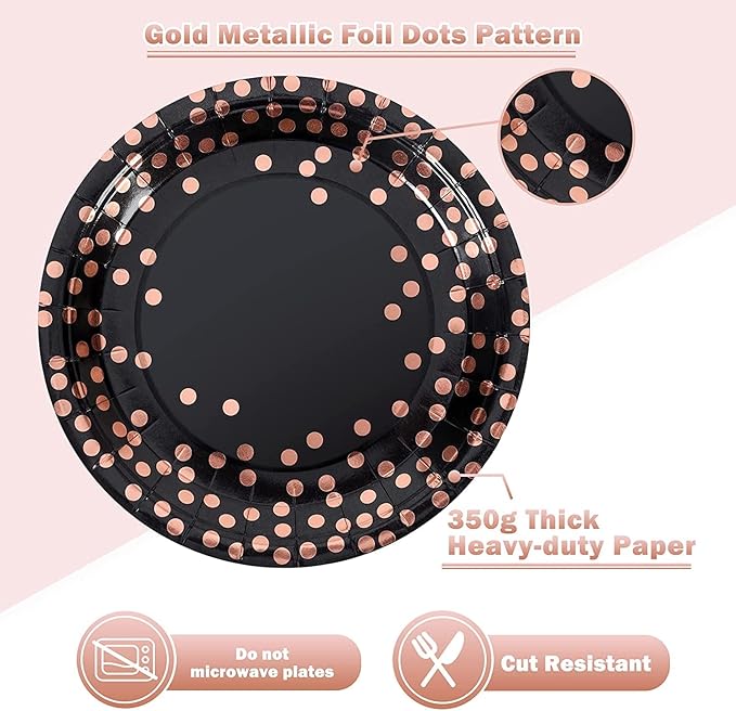 Black and Rose Gold Paper Plates and Napkins-200 Pack - Paper Plates