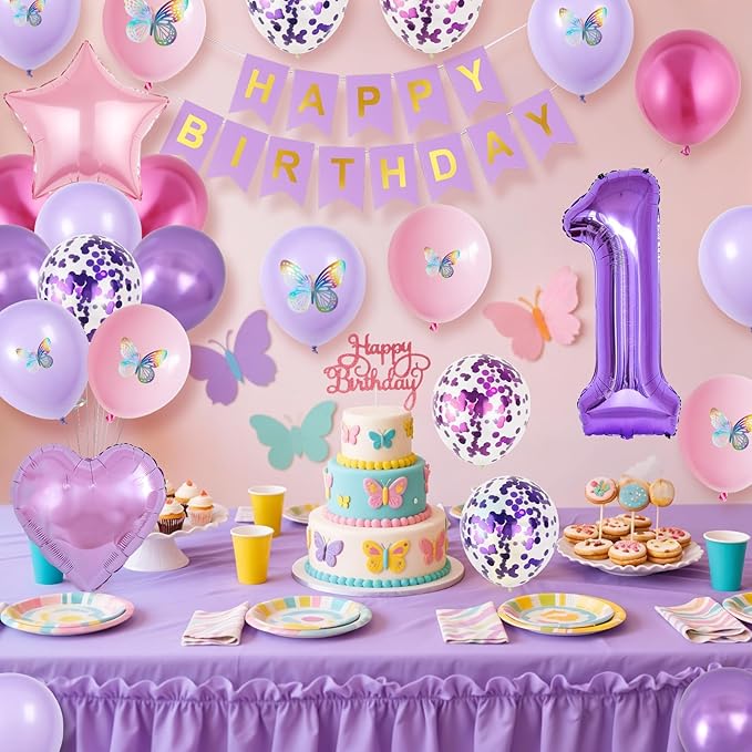 1st Birthday Decoration for Girls,Pink Purple 1st Birthday Balloon