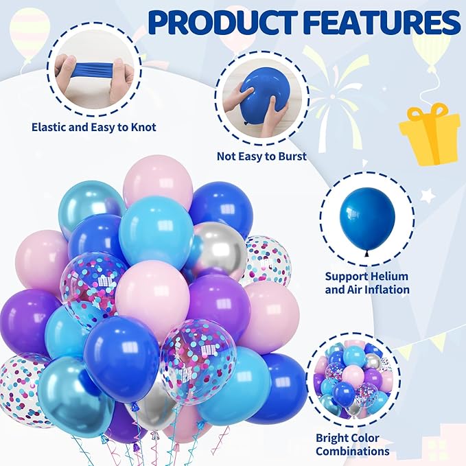 Pink and Blue Balloons, 60PCS Dark Light Blue Purple Party Balloons,