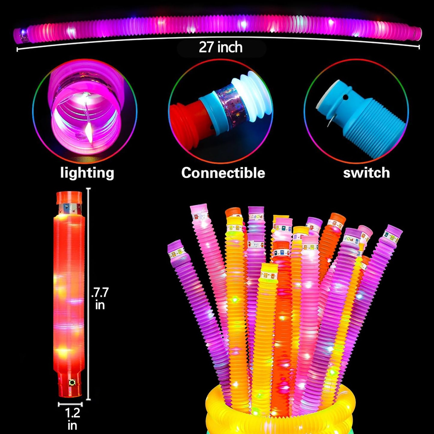 OceanWings 24PC Lights up Pop Tube Set for Kids Adults,Glow Sticks