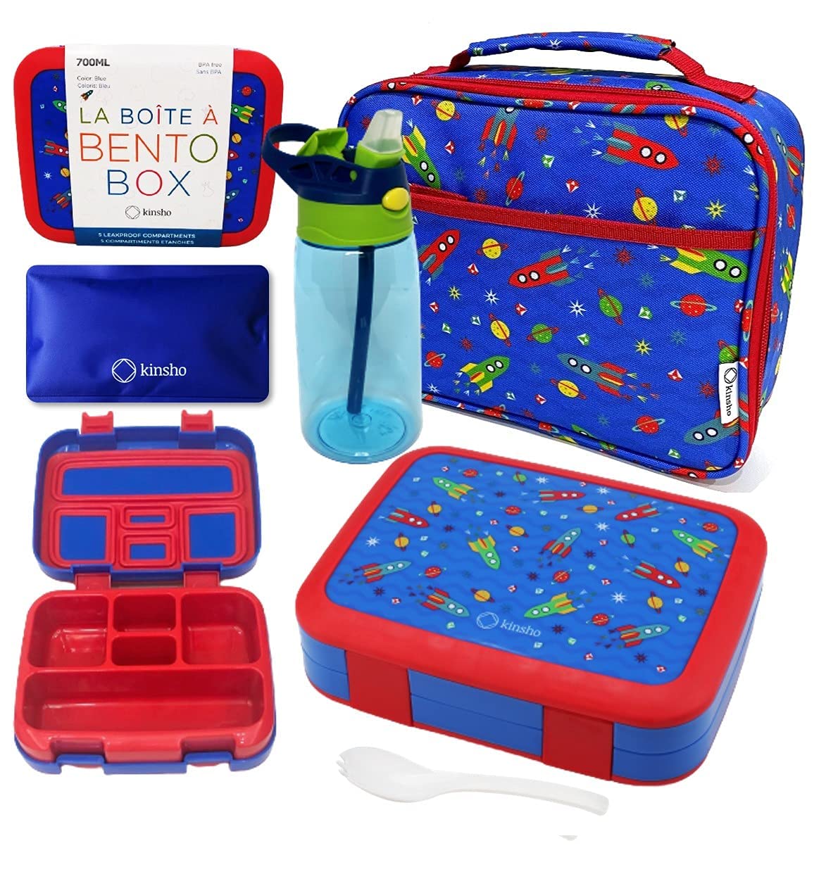 kinsho Bento Lunch Box, Water Bottle, Ice Pack Set For Kids Toddlers,