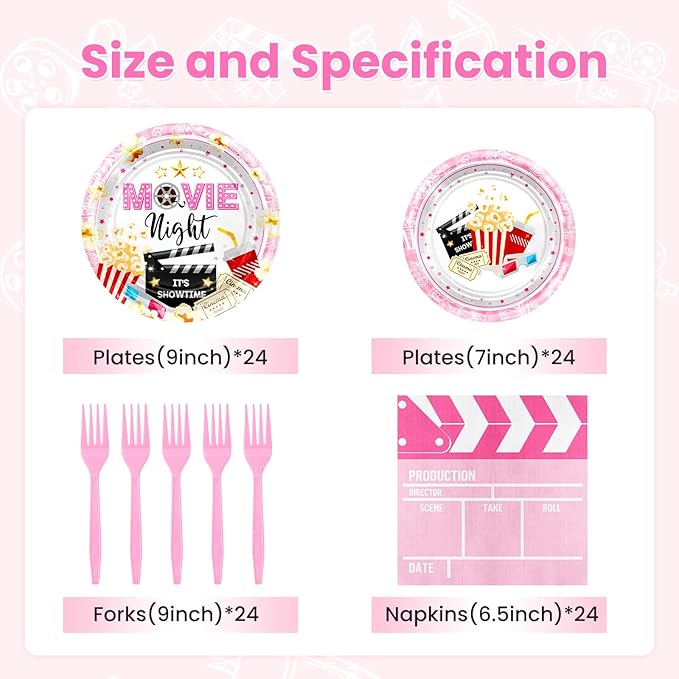 96 pcs Movie Night Party Decorations Pink Movie Night Plates and