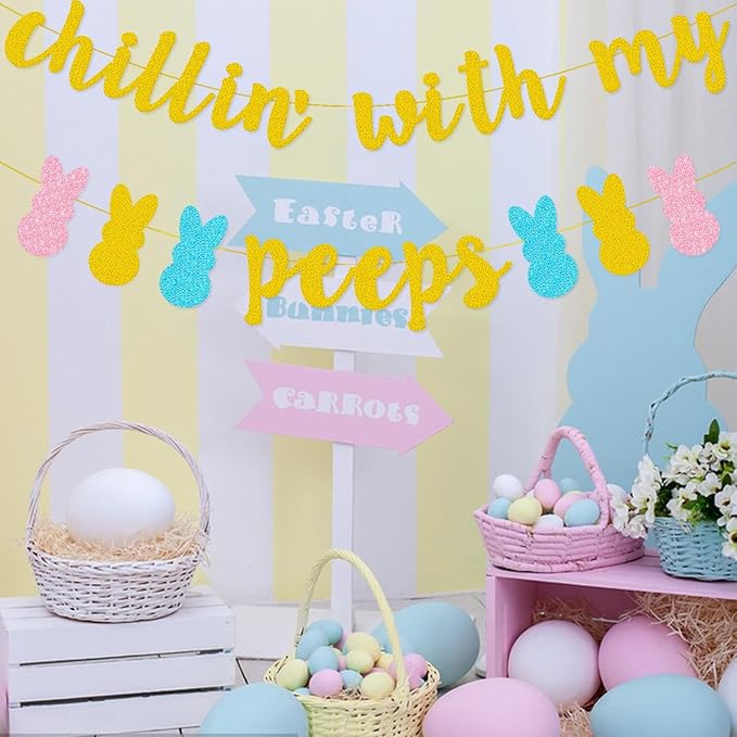 Easter Bunny Decorations Chillin with my Peeps Banner Gold Glitter
