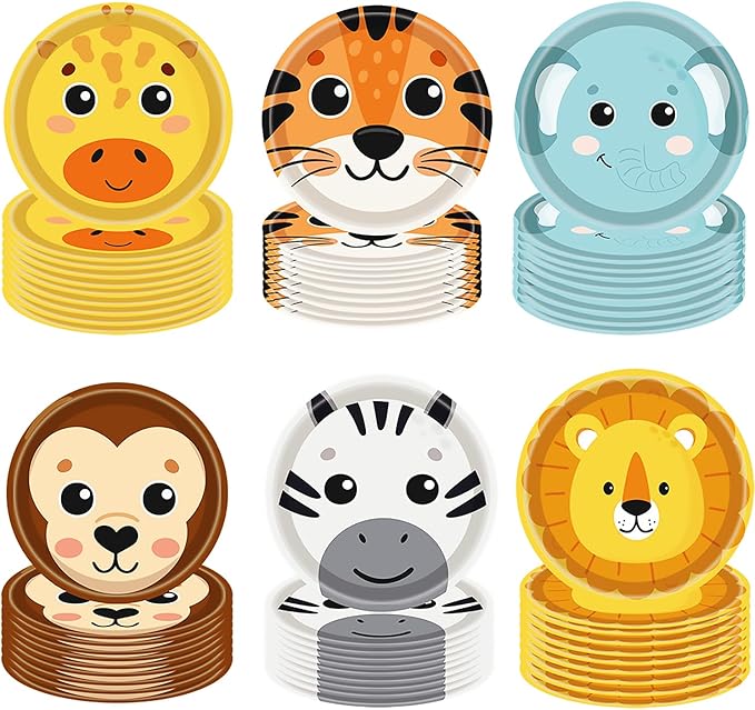 60Pcs Jungle Safari Paper Plates Zoo Animal Print Party Supplies 7