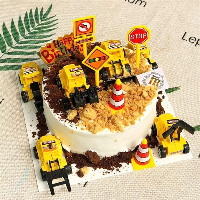 Construction Cake Topper Large Crane Excavator Traffic Road Sign