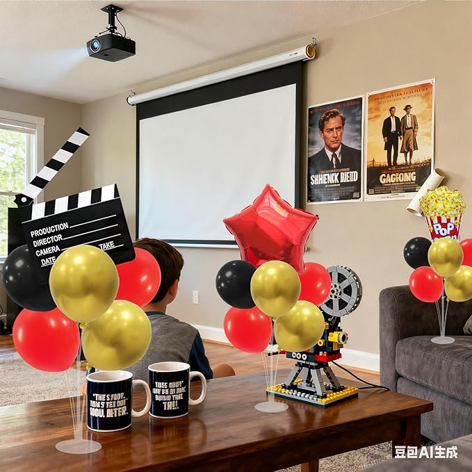 Movie Night Balloon Stand Set Red Gold Black Balloons for Film Party