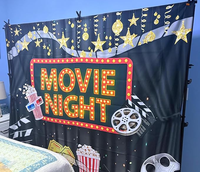 Movie Night Backdrop Fabric 10x6.5ft Cinema Popcorn Light Movie
