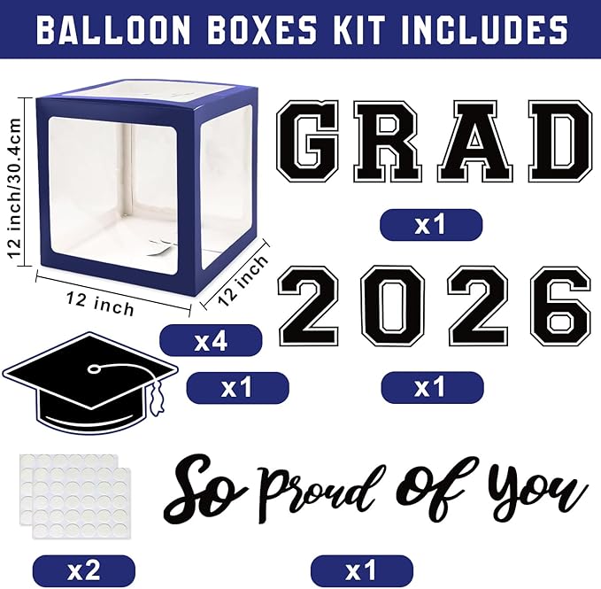 Navy Blue Graduation Decorations Class of 2026 - Balloons Boxes with