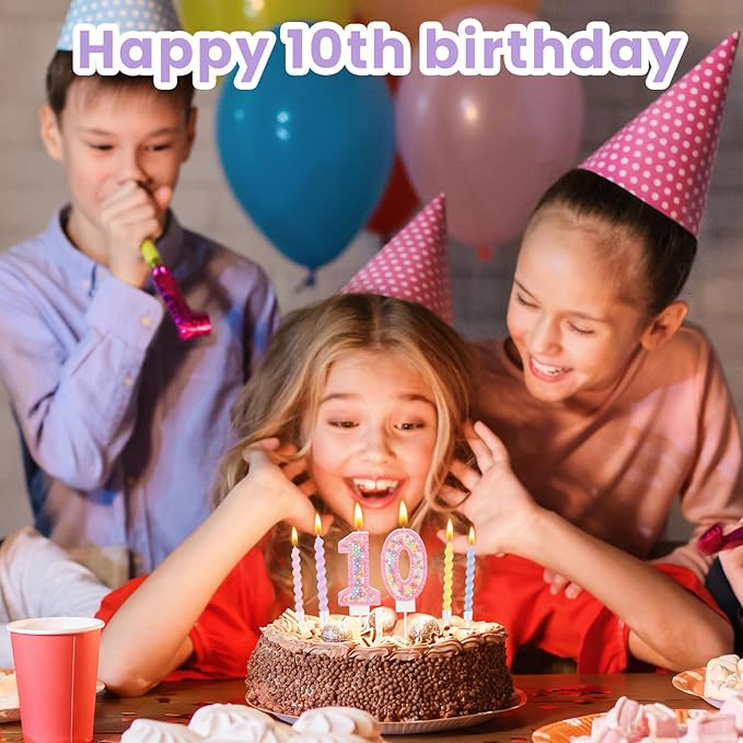 MTLEE Number 10 Birthday Candle with 12 Pcs Spiral Candles for Girls M