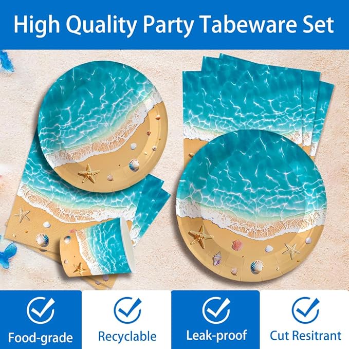 140Pcs Beach Party Supplies Ocean Waves Tableware Set Summer Beach