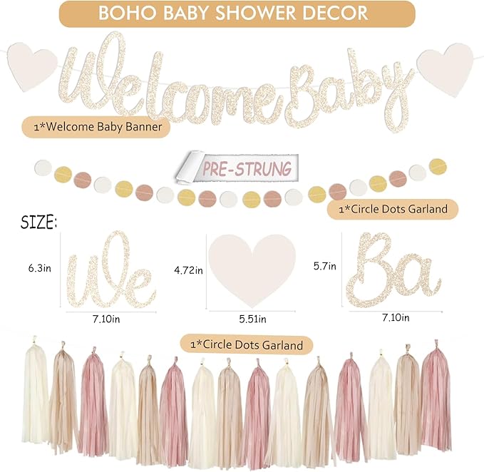 Champagne Gold Boho Baby Shower Party Decoration Welcome Baby Banner