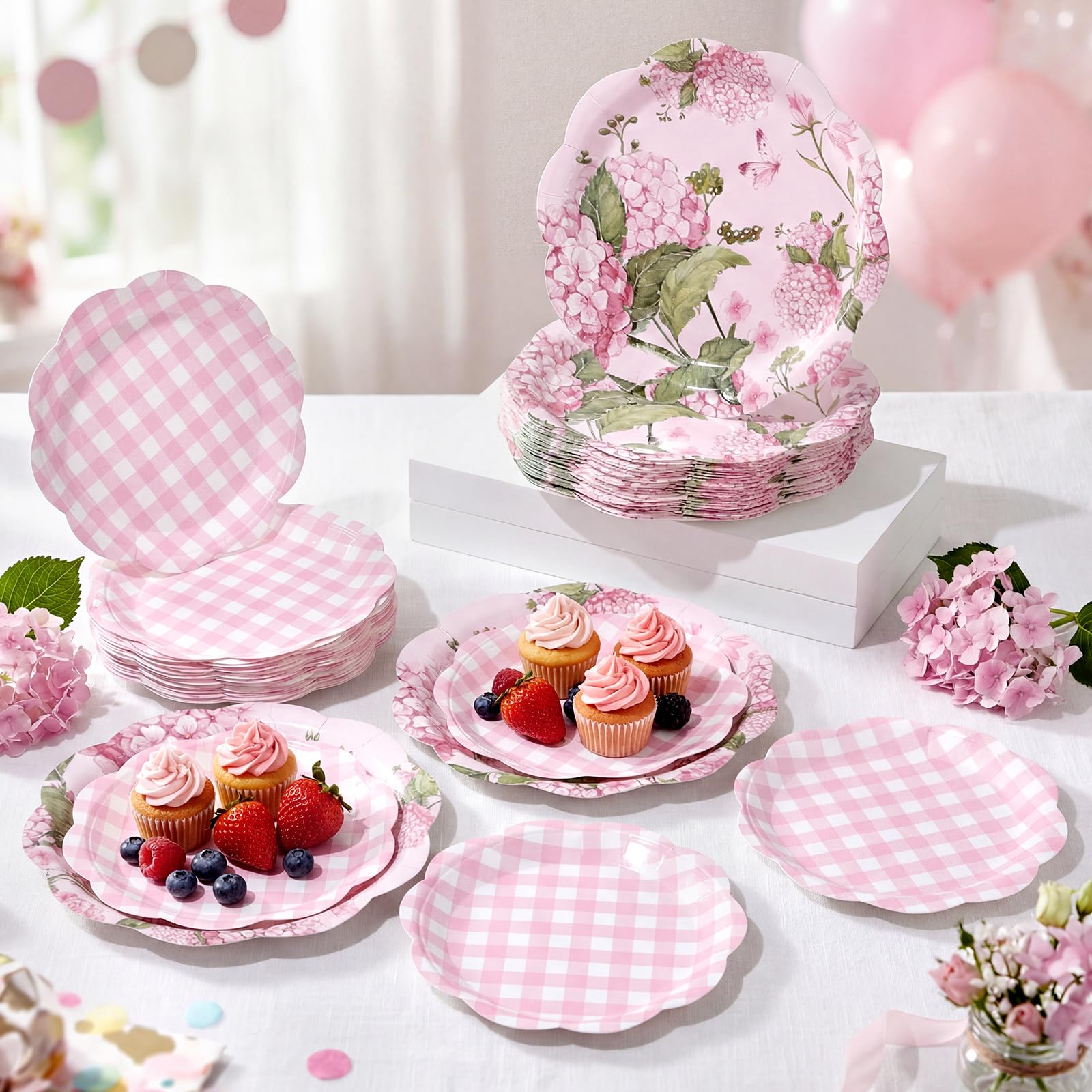 Mumufy 100 Pack Hydrangea Paper Plates 9" & 7" Disposable Checkered