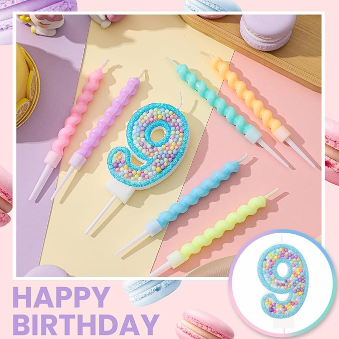 MTLEE Number 9 Birthday Candle Macaron Glitter 3D Number Candle with
