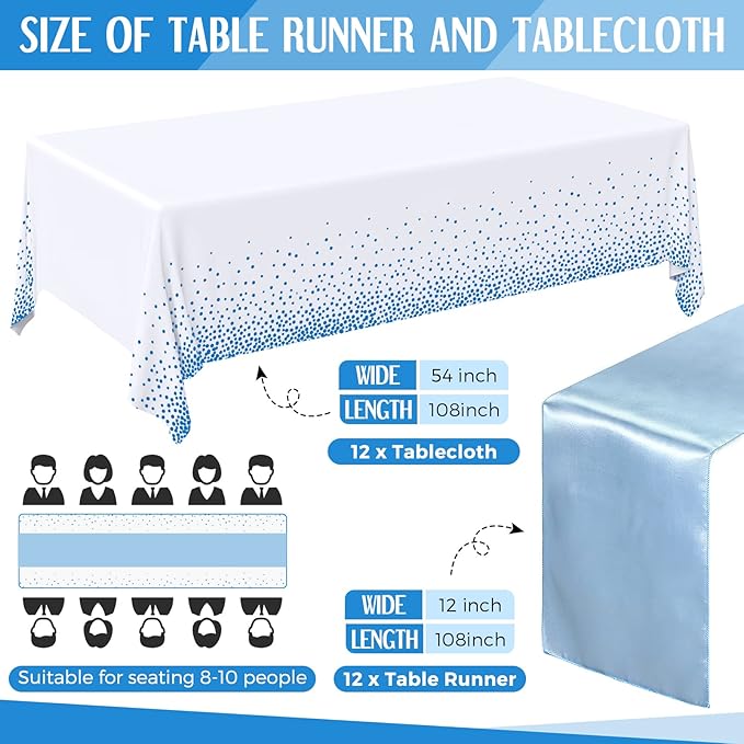 Breling 24 Packs Baby Blue and White Disposable Plastic Tablecloths