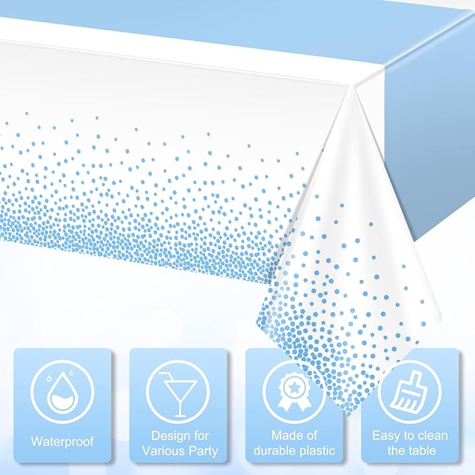 MASHAN 3Pcs White and Light Blue Tablecloth Party Decorations,Plastic