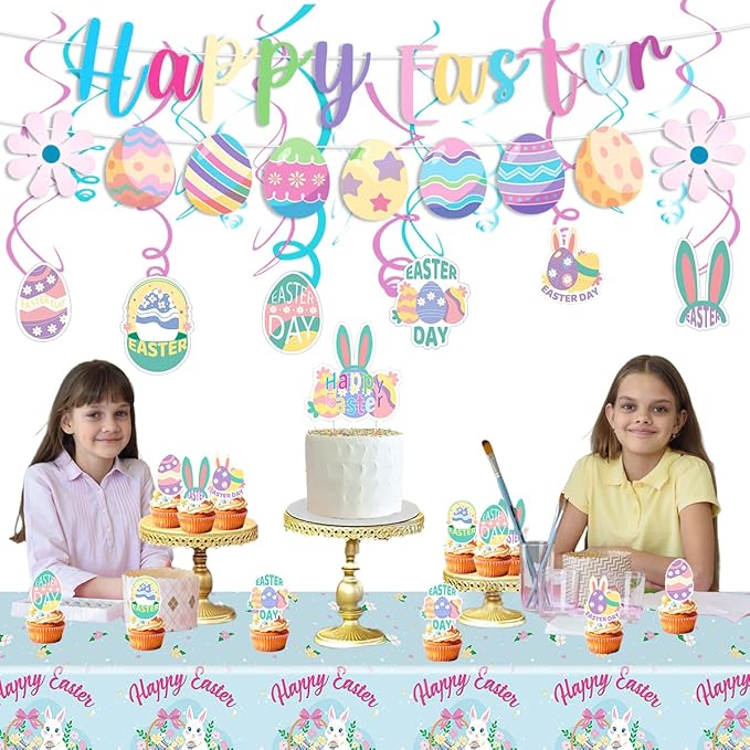 Easter Party Decorations Set with Happy Banner Rabbit Big Tablecloth