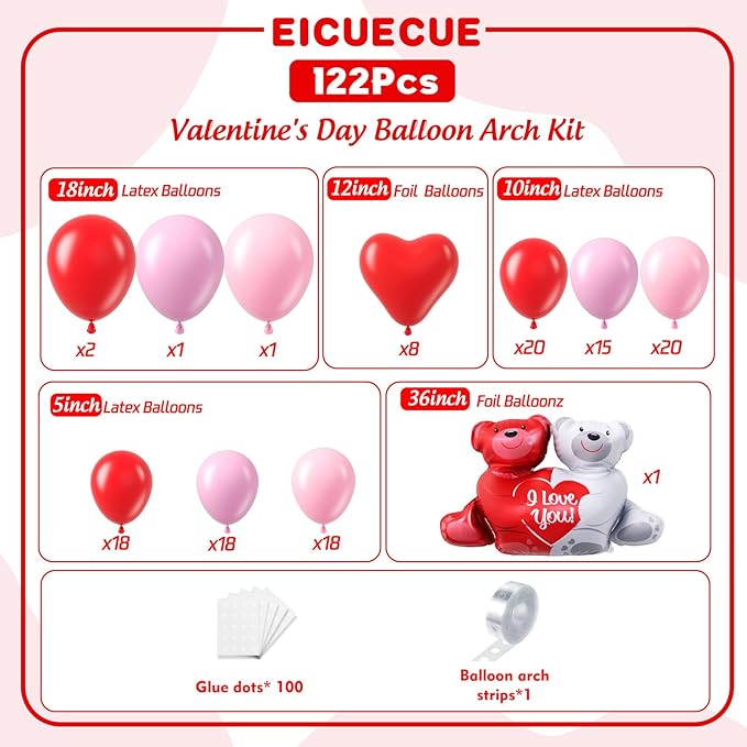 Valentines Day Balloons Garland Arch Kit Different Size Red Pink and