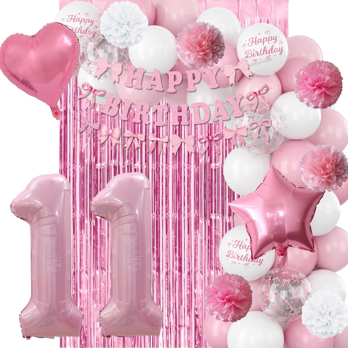 11th Birthday Decorations for Girls Pink Number 11 Balloon Bow
