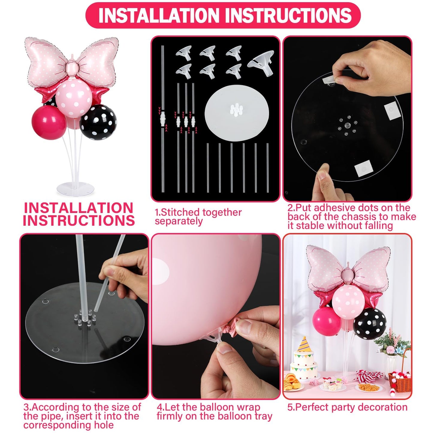 Pink Mouse Party Balloons Stand Kit 2 Sets with 2 Bow Foil Balloons