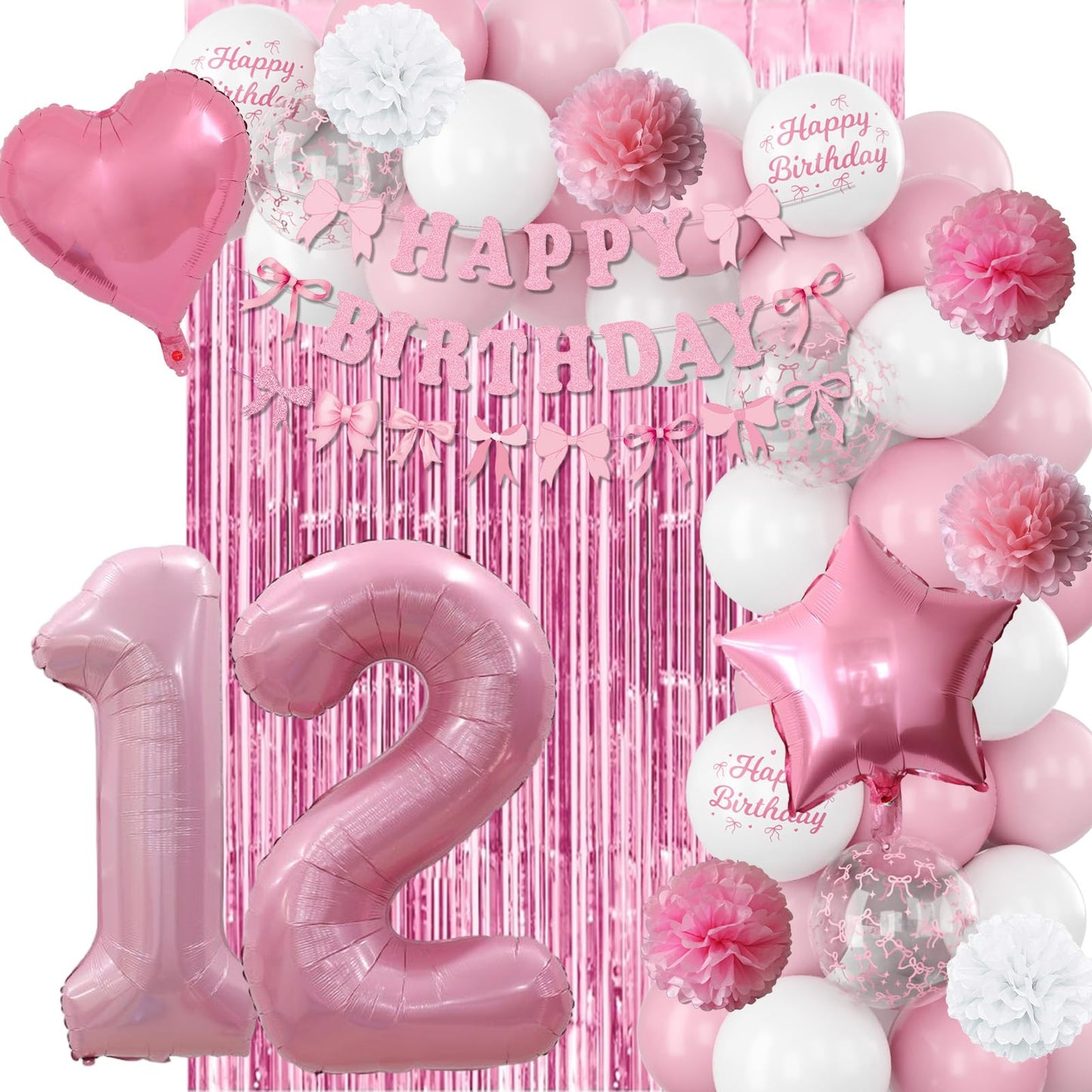 12th Birthday Decorations for Girls Pink Number 12 Balloon Bow