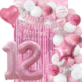 12th Birthday Decorations for Girls Pink Number 12 Balloon Bow